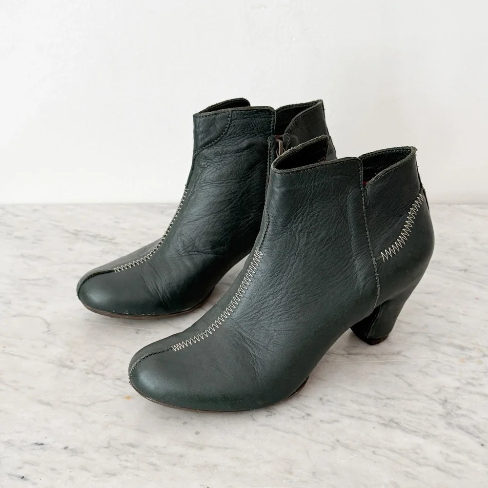 Artisan Sergio Tomani Leather Ankle Boots 38 Green Contrast Stitch Block Heel‎